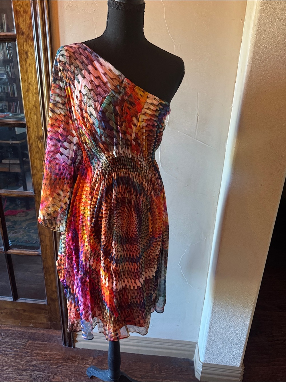 Muse One-Shoulder Multicolor Spiral Print Dress